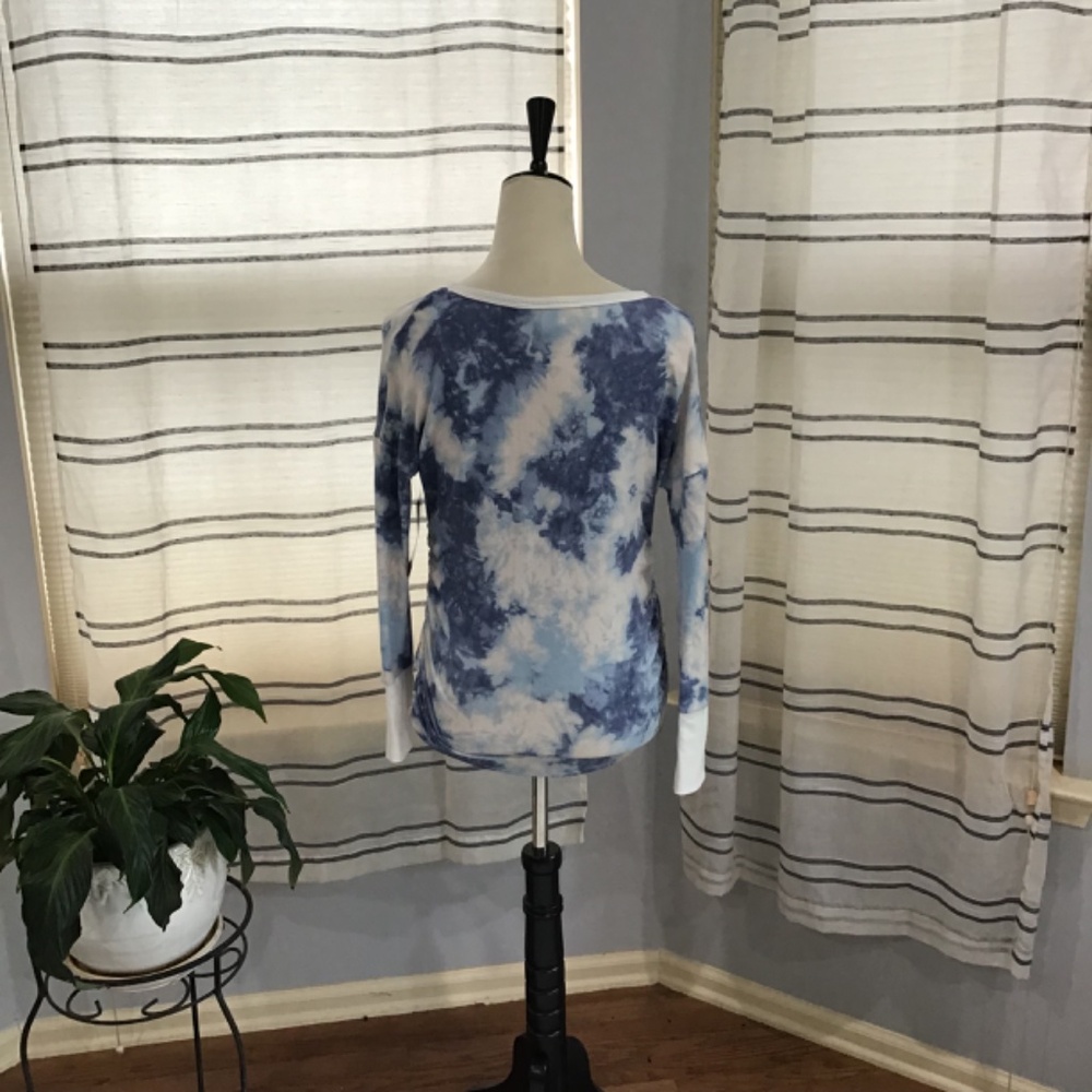 Duetime Maternity Women’s Size Small Blue Tie Dye Long Sleeve Ruched Sides Soft - Picture 5 of 9